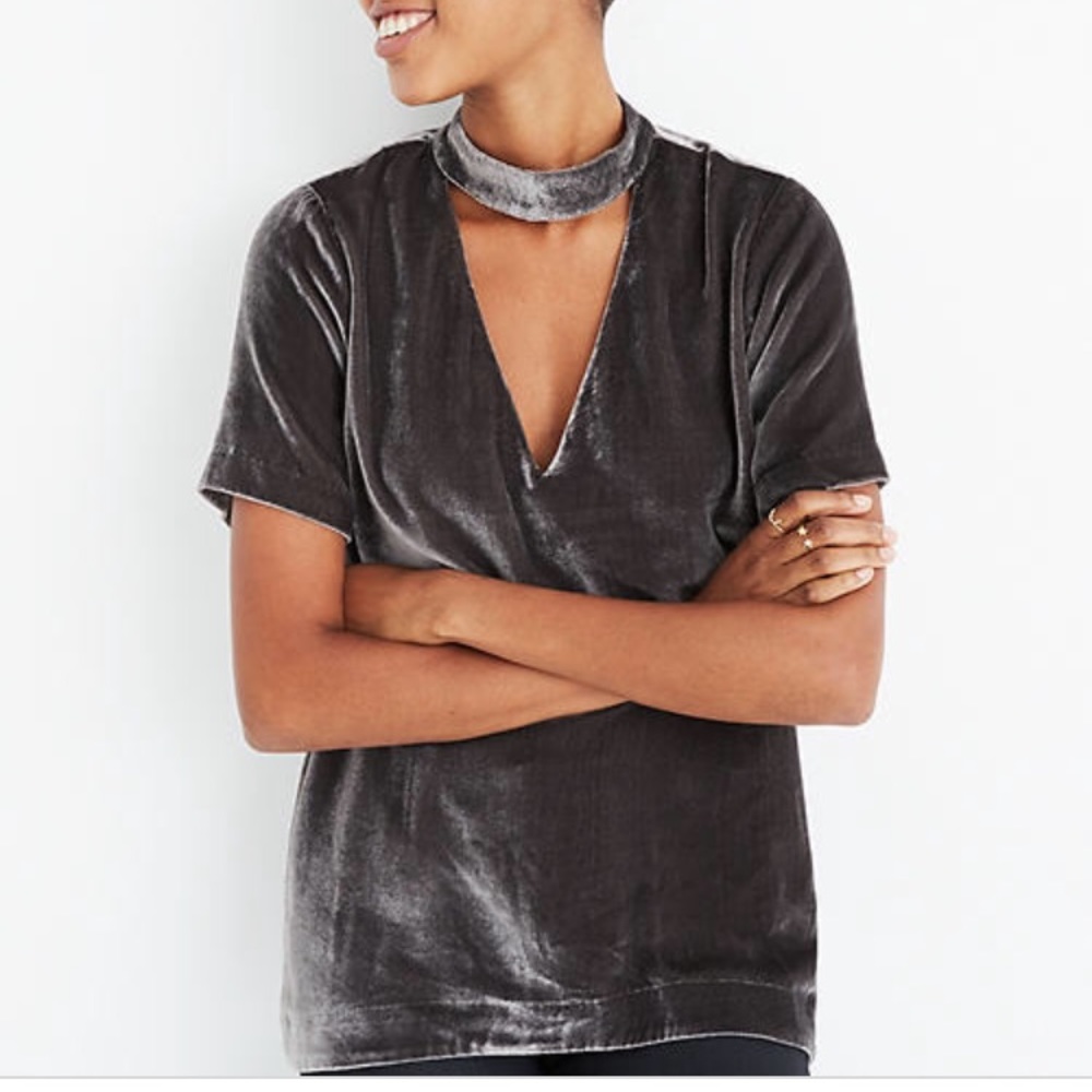 Madewell Charcoal Velvet Short Sleeve Choker Tee